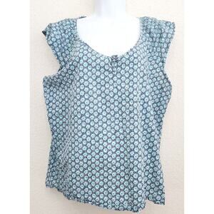 Merona Blue White Geo Print V Neck Tie Front Top XXL Ruffled Capped Sleeves Soft